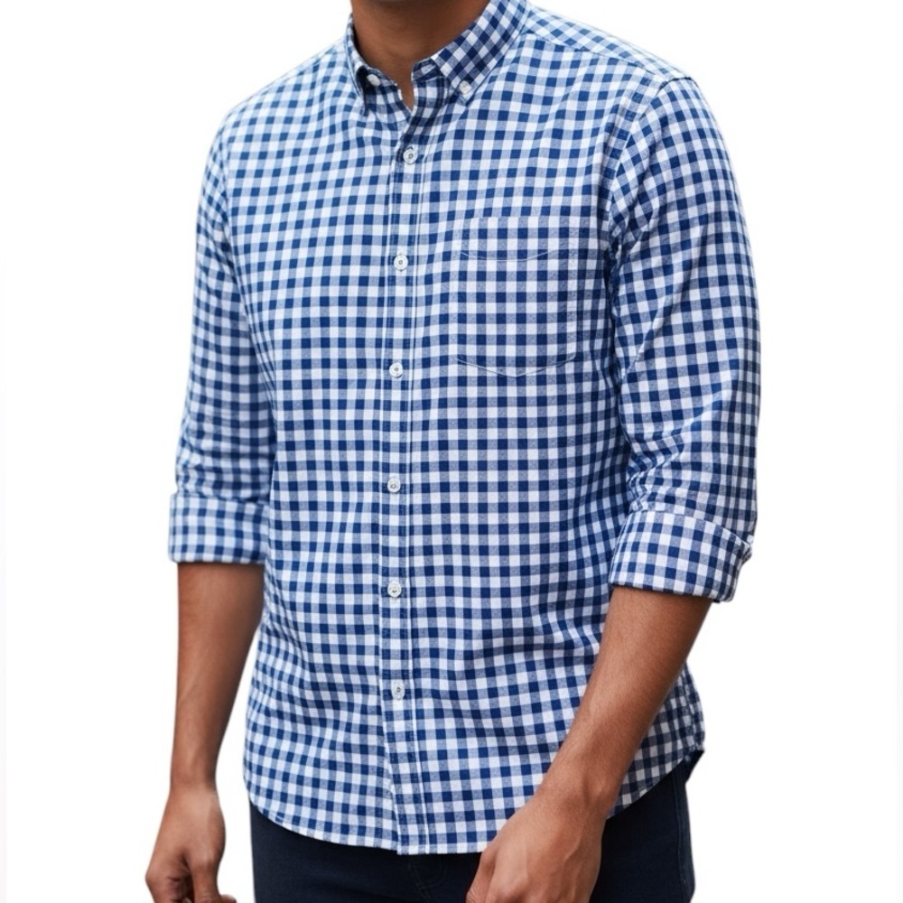 J. CREW Men’s Navy and White Plaid Button Down Shirt Size M gingham preppy top